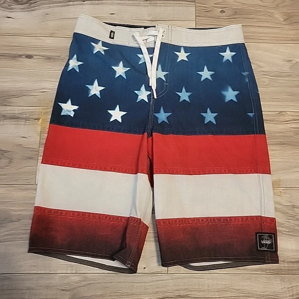 Vans Swim Trunks Youth 27 Red‎ White Blue Stars American Flag Patriotic Unlined